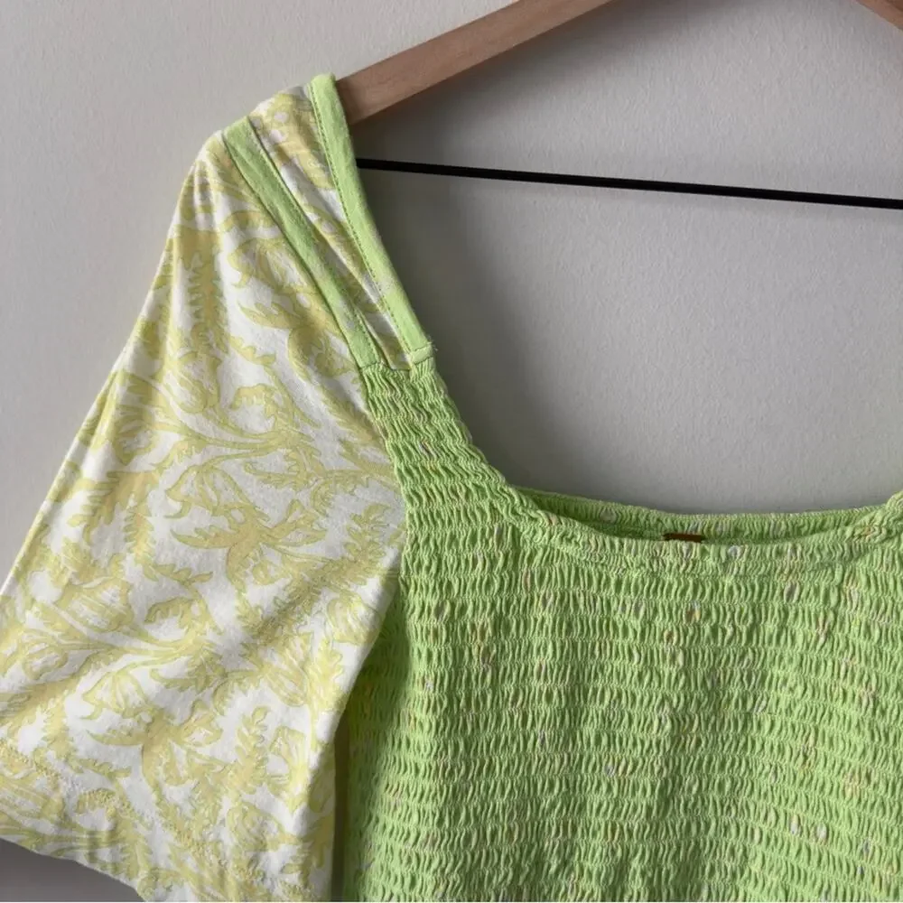 Free People Marigold Top in Key Lime Combo Smocked half Sleeve Cropped top green